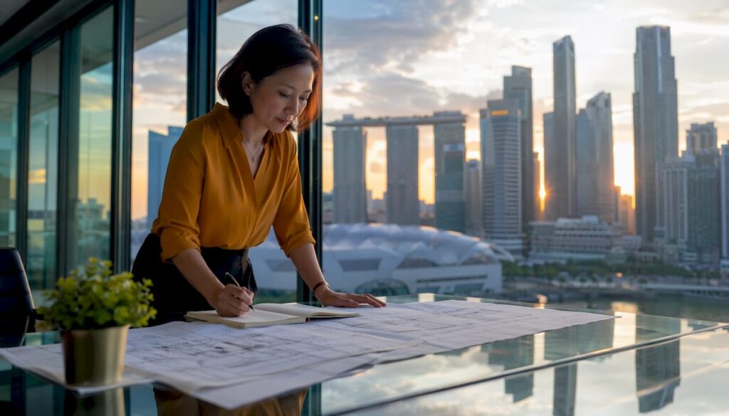 Engineer reviewing construction blueprints in office