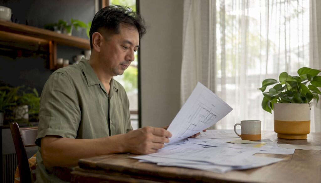 Homeowner reviewing URA house extension documents
