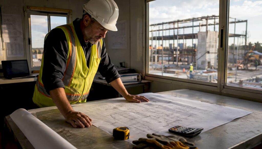Construction manager reviewing blueprints on site