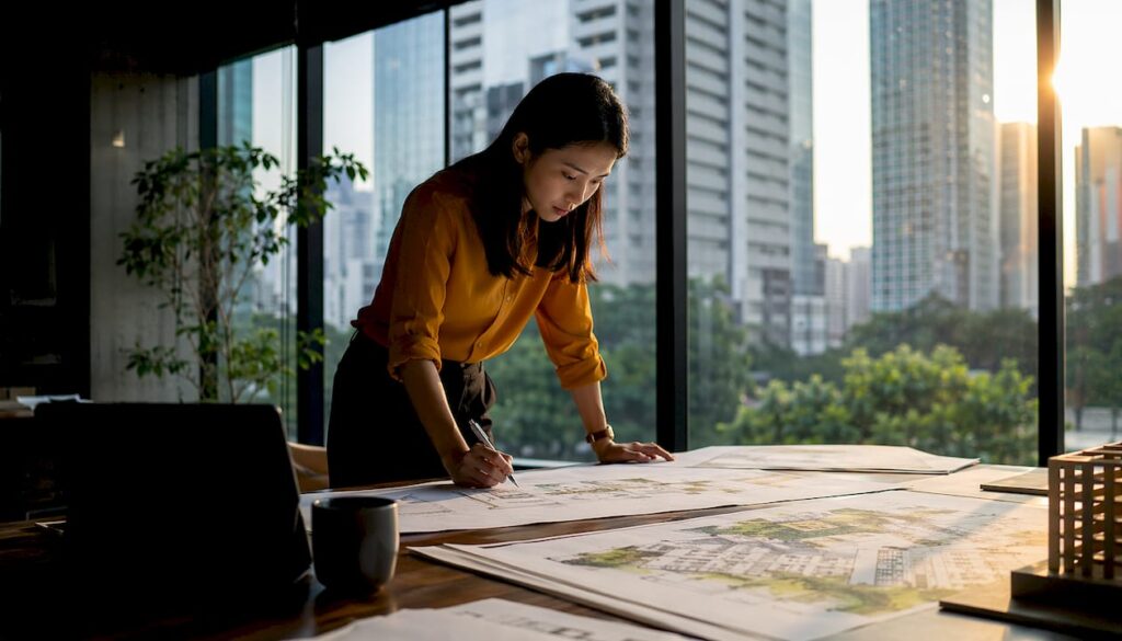 Architect reviewing initial concept sketches at desk