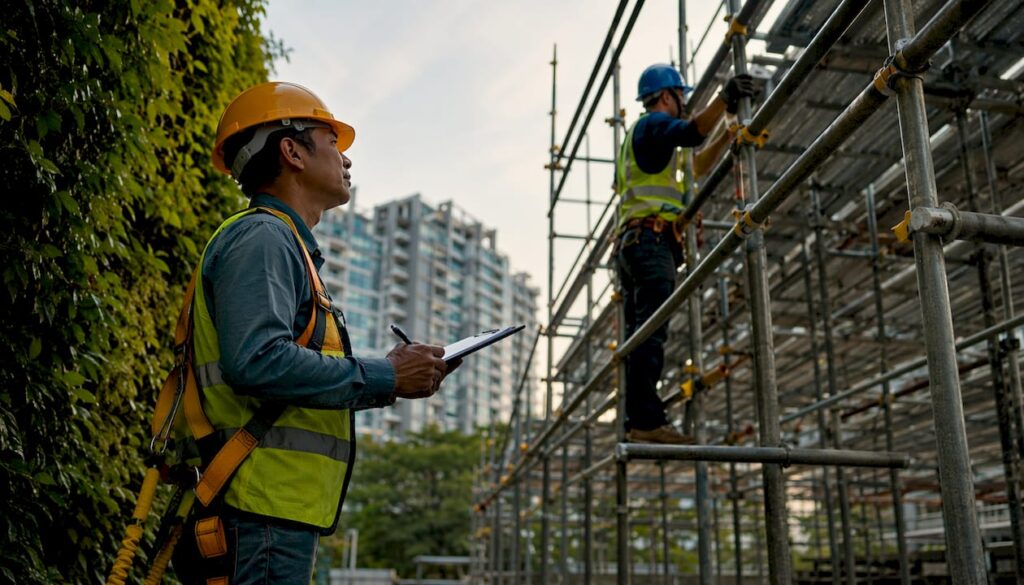 Inspector examining scaffolding on Singapore construction site