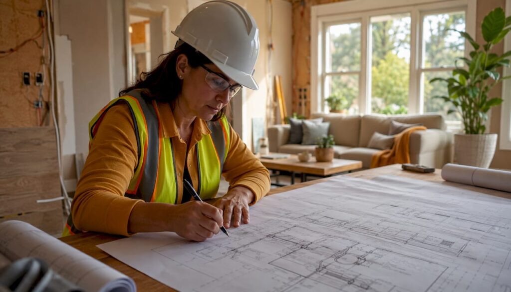 Engineer reviewing M&E renovation plans on blueprint