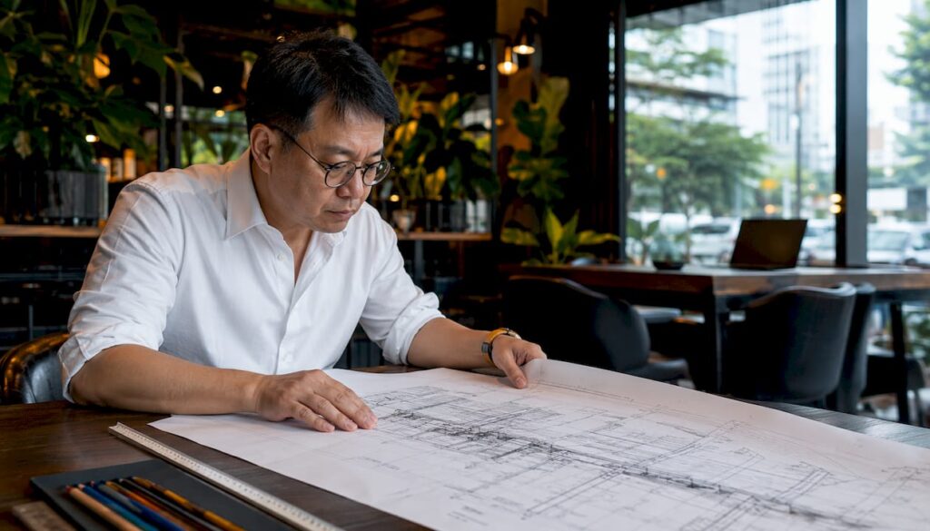 Contractor reviewing structural plans at office table
