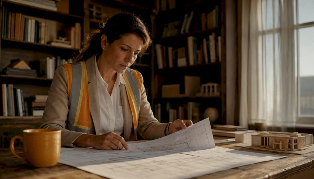 Engineer reviewing blueprints in meeting room