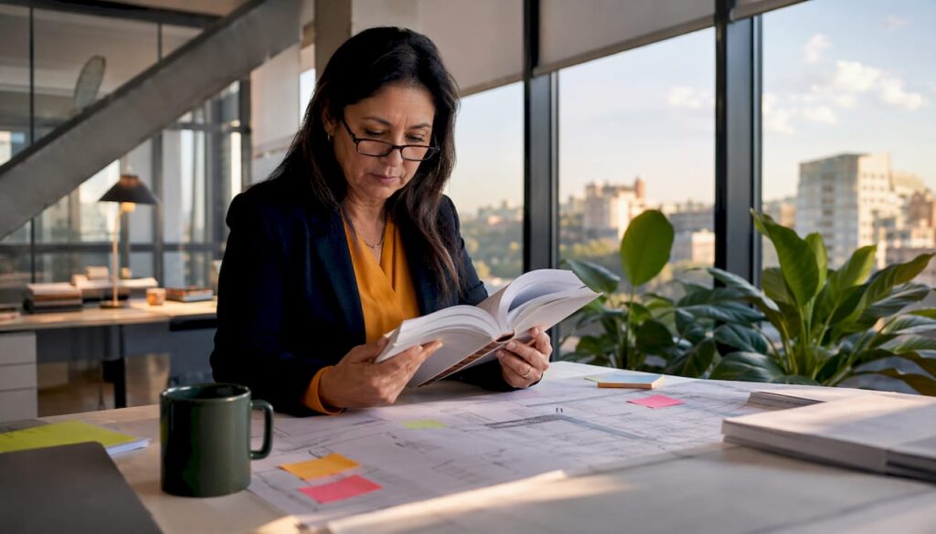 Building official reviewing printed codes at desk