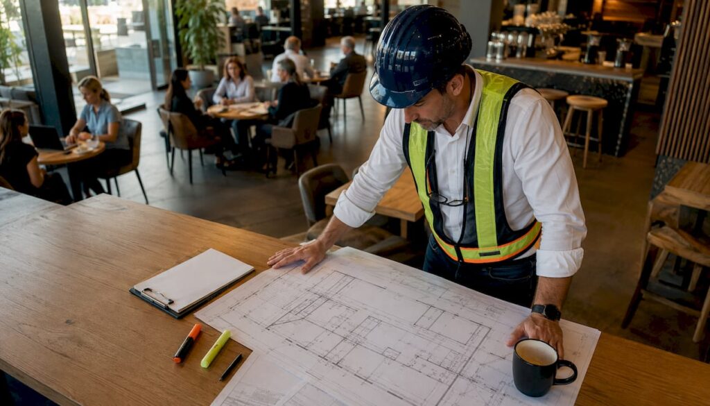 Project manager reviewing construction plans