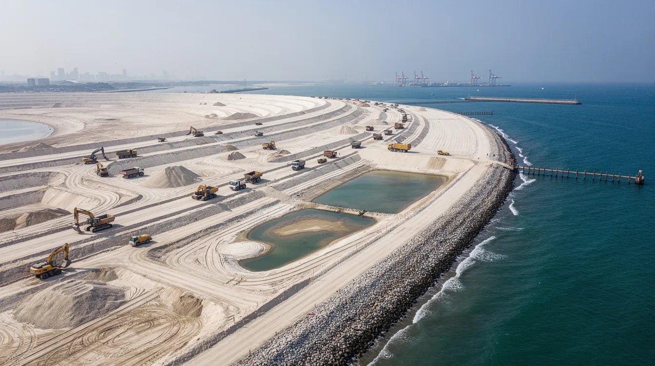 An aerial view of a large coastal land reclamation site in Singapore shows earthmoving equipment actively placing sand fill along the shoreline, highlighting the crucial role of geotechnical engineering in such land reclamation projects. The image captures the extensive area being transformed into reclaimed land, essential for future infrastructure development.