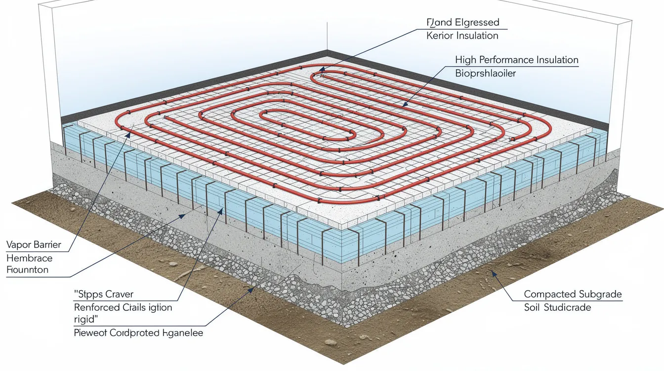 This image depicts a cross-section of a thick concrete foundation designed for a cold storage facility, showcasing embedded heating pipes and layered insulation beneath a cold room floor slab. The construction emphasizes energy efficiency and temperature control, essential for maintaining uniform temperatures and reducing energy consumption in cold storage warehouses.
