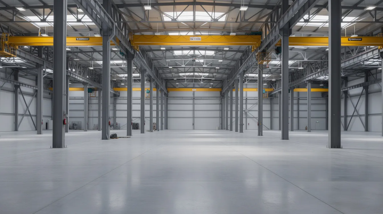 The image depicts the interior of an industrial warehouse featuring robust steel columns, expansive concrete floor slabs, and overhead crane systems, highlighting the structural integrity essential for commercial property investments. This setting is crucial for assessing potential risks and operational costs when considering leasing or purchasing commercial property.