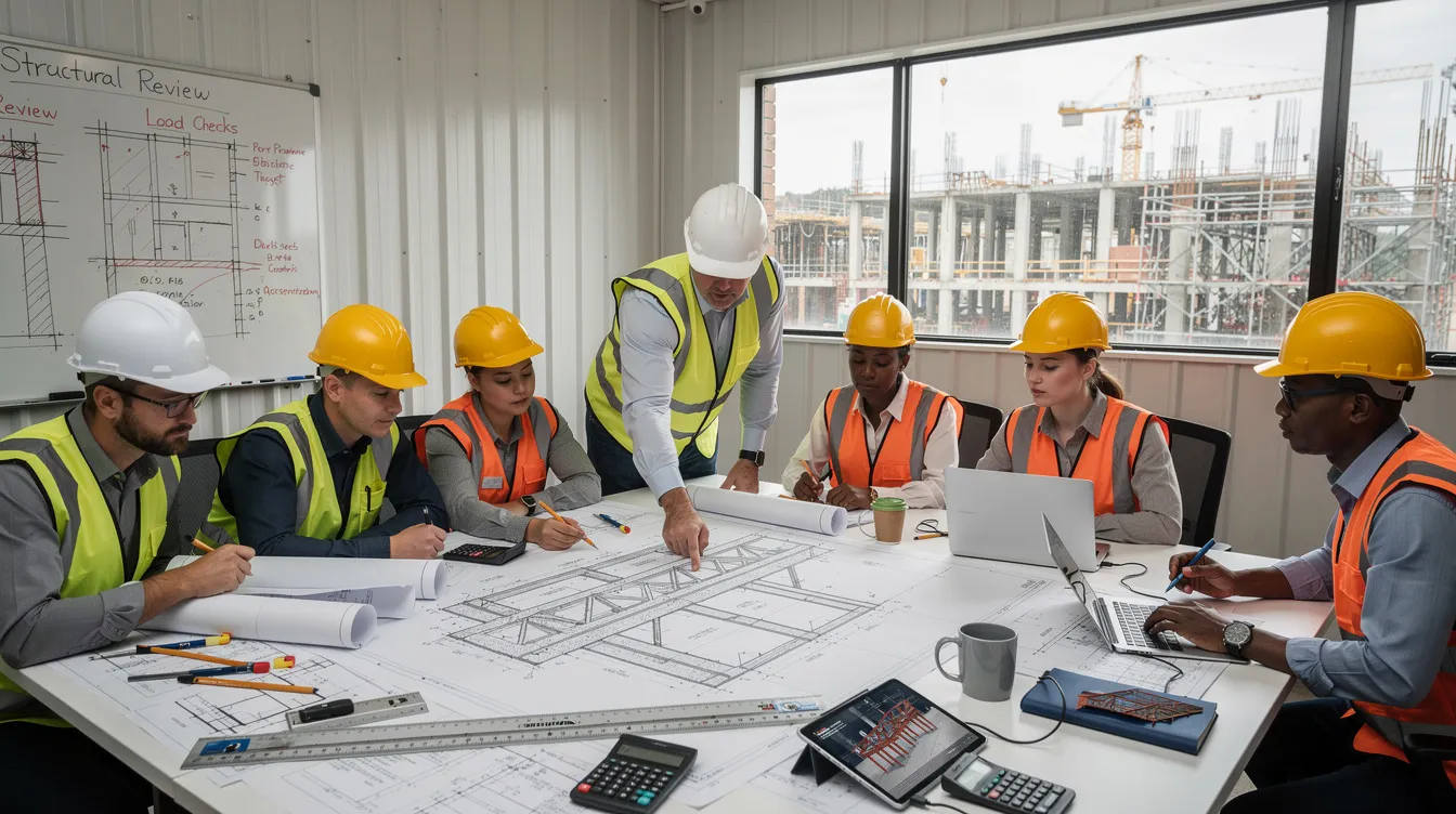 A group of engineers is gathered in a construction site office, meticulously reviewing structural drawings and blueprints for compliance with the Building Control Act and guidelines from the Singapore Civil Defence Force. The focus is on ensuring that the plans meet the necessary regulations for industrial developments and environmental sustainability.