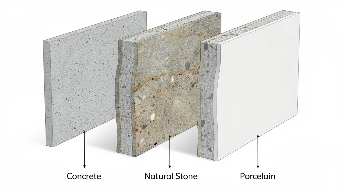 The image shows a cross-section comparison of three types of slabs: concrete, natural stone, and porcelain, displayed side by side. Each slab profile highlights its unique characteristics, such as thickness, texture, and overall weight, ideal for applications like garden paving slabs and patio construction.