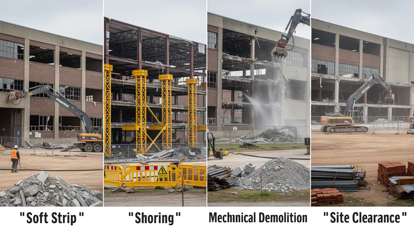 The image sequence illustrates the four major phases of safe industrial facility decommissioning, beginning with a soft strip that exposes the steel frame, followed by the installation of temporary shoring, controlled mechanical demolition of the upper floors, and concluding with site clearance where sorted material piles are visible. This process emphasizes safety, regulatory compliance, and effective waste management to minimize environmental impact during industrial demolition.