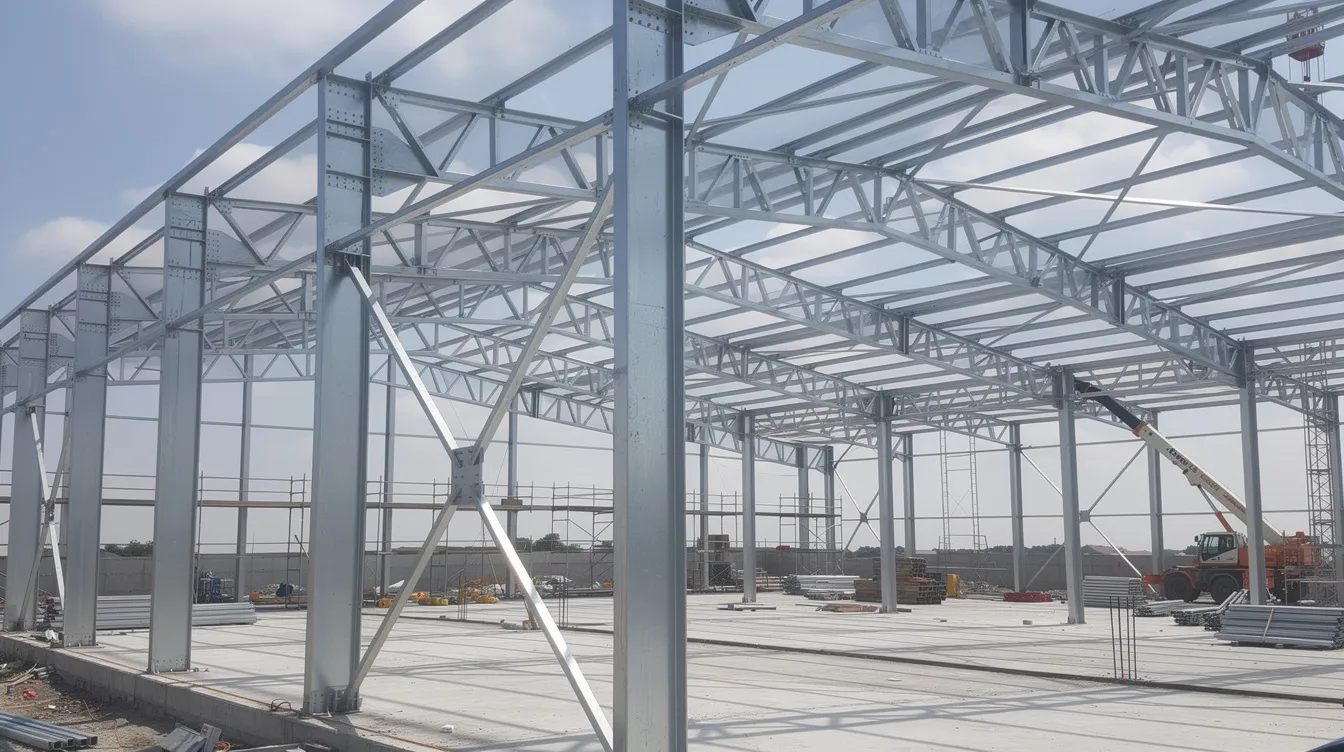The image depicts a steel portal frame industrial building under construction, showcasing visible bracing and long-span roof trusses. This structural system is designed to withstand various structural loads, including wind loads and seismic forces, ensuring structural safety and integrity for future use.