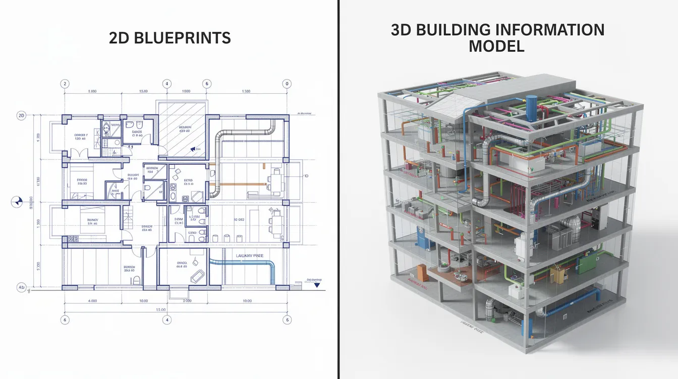 The image features a split comparison, with traditional 2D blueprints on the left side and an interactive 3D building information model (BIM) on the right. This visual highlights the digital transformation in the construction industry, showcasing how BIM tools enhance project management and collaboration among the whole project team throughout the building lifecycle.