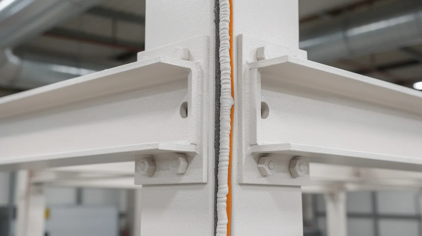 The image features a close-up view of steel structural connections in an industrial setting, showcasing the application of intumescent coating and detailed expansion joint design. This construction detail is essential for maintaining energy efficiency and temperature control in cold storage facilities, ensuring effective thermal load management and compliance with food safety regulations.