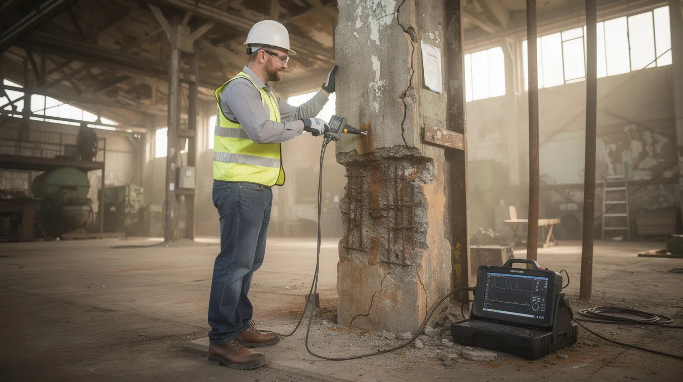 A structural engineer is performing an on-site assessment of an aging industrial building, utilizing ultrasonic testing equipment on a concrete column that shows signs of reinforcement corrosion. This evaluation is crucial for ensuring safety and regulatory compliance during the industrial facility decommissioning process.
