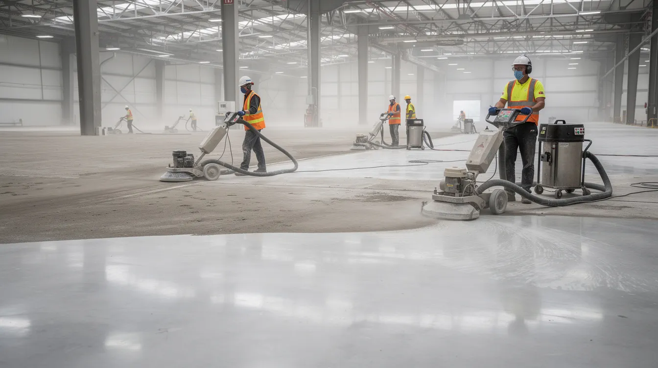 The image shows workers operating professional floor grinding equipment on a large concrete warehouse floor, with visible dust extraction systems in place. This scene highlights the importance of achieving floor flatness and levelness for optimal operational efficiency in automated logistics warehouses.