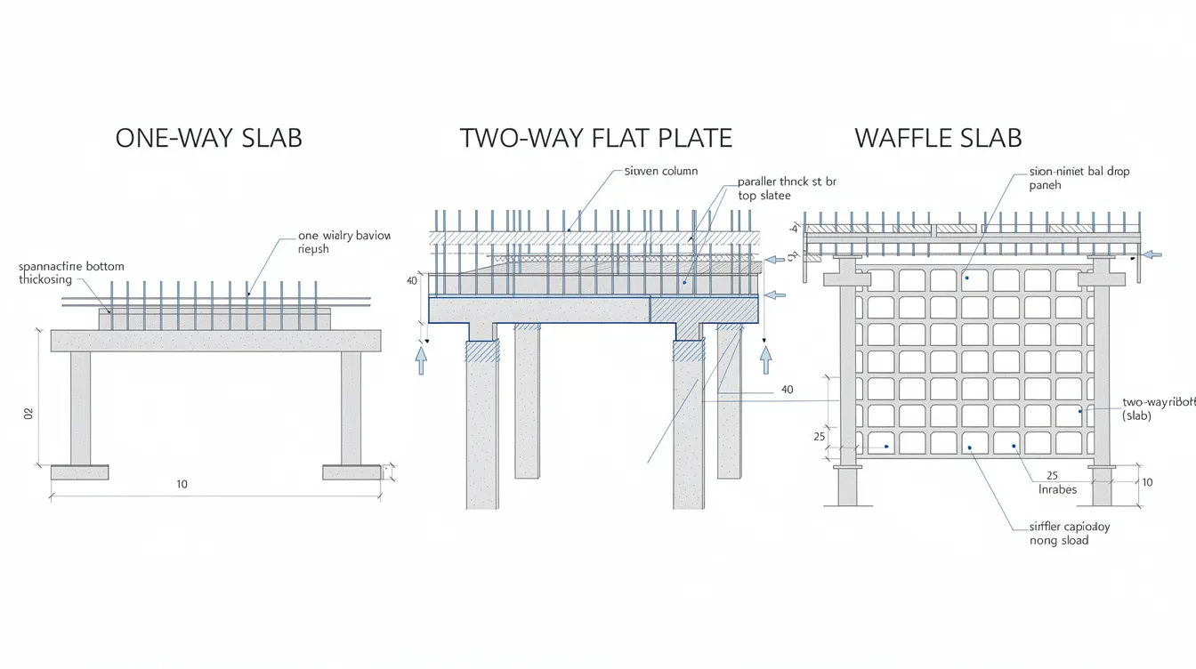 The diagram illustrates cross-sections of three types of concrete slabs: a one-way joist slab, a two-way flat plate slab, and a waffle slab, highlighting their distinct structural features such as ribs, drop panels, and overall shape. Each slab type is designed to support different loads and spans, showcasing their applications in construction for floors and ceilings in buildings.