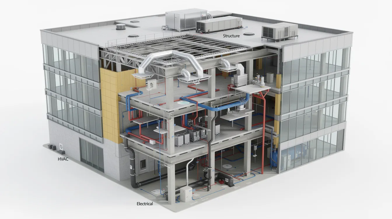 The image depicts a detailed architectural 3D model of a modern commercial building, showcasing its structural elements and integrated MEP systems. This digital representation highlights the building's physical and functional characteristics, emphasizing the importance of building information modeling (BIM) in the construction industry for effective project management and collaboration among the project team.