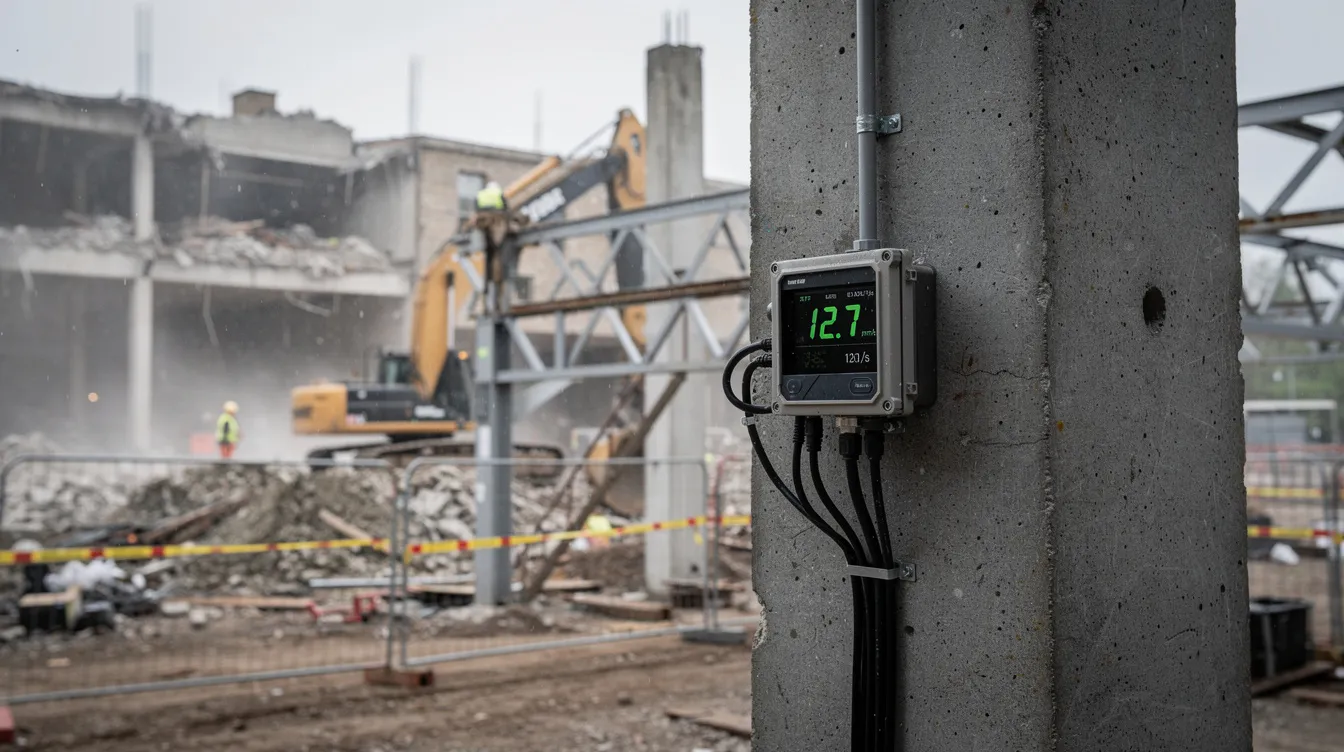 A vibration monitoring sensor is mounted on a concrete column next to an active demolition zone, with a digital readout display visible. Temporary steel bracing is present in the background, highlighting the careful planning and safety measures involved in the industrial facility decommissioning process.
