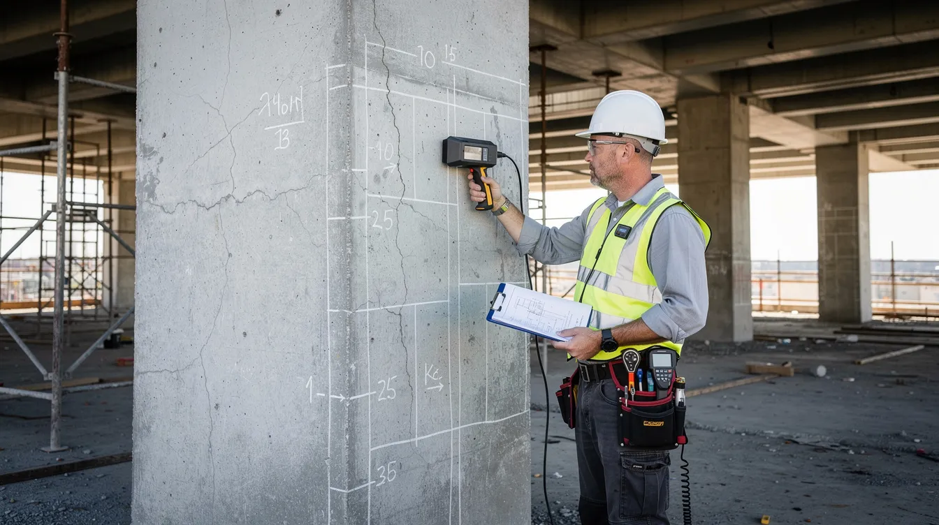 A structural engineer is using specialized inspection equipment to evaluate the condition of a concrete column, ensuring its structural integrity for commercial properties. This assessment is an essential step in the process of purchasing commercial property, helping to avoid costly mistakes and inform potential investors about maintenance responsibilities and future growth opportunities.