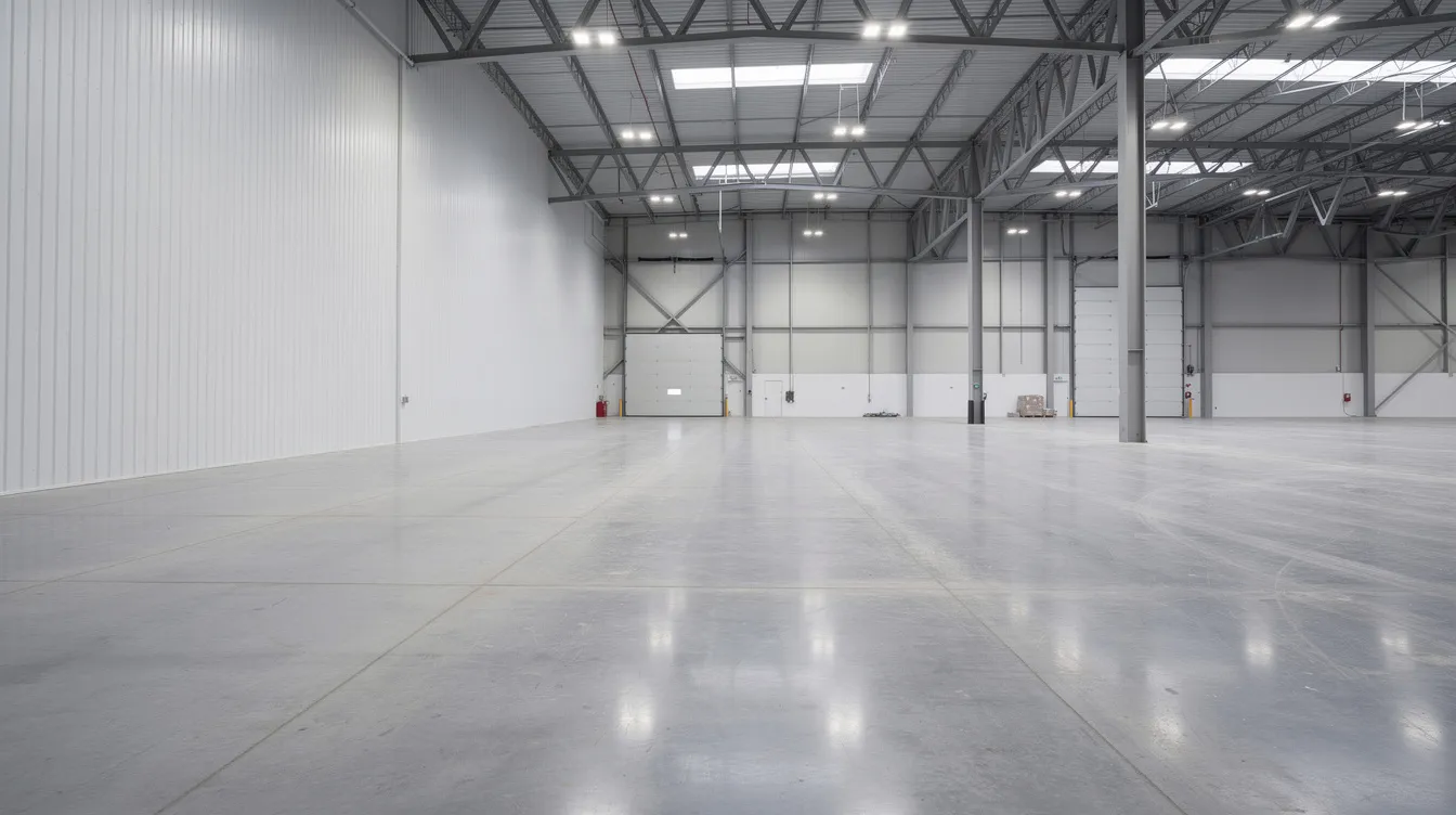 The image depicts the interior of an industrial warehouse designed for cold storage, featuring insulated panel walls and heavy-duty concrete flooring illuminated by bright overhead lighting. This space is optimized for maintaining uniform temperatures and energy efficiency, essential for effective refrigeration systems and cold chain management.