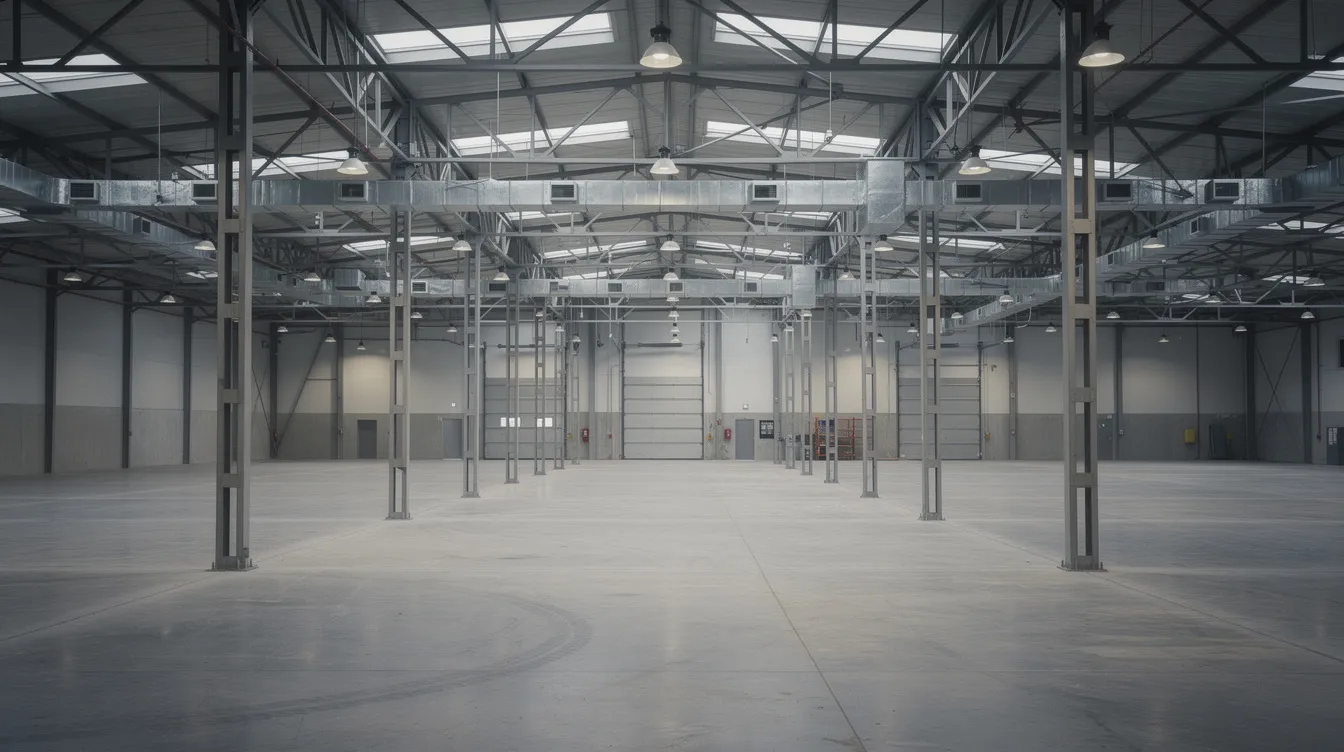 The image depicts the interior of an industrial warehouse featuring steel structural columns and smooth concrete floors, illustrating a space designed for manufacturing and storage operations. This environment aligns with compliance regulations set by authorities such as the Singapore Civil Defence Force and the Urban Redevelopment Authority, ensuring safety and sustainability in industrial developments.