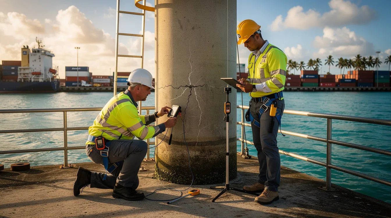 Engineers are inspecting a concrete pier structure in a tropical port, utilizing measurement equipment to assess its structural integrity. The setting emphasizes the importance of maintaining marine structures in harsh marine environments, ensuring protection against corrosion and enhancing the longevity of coastal infrastructure.