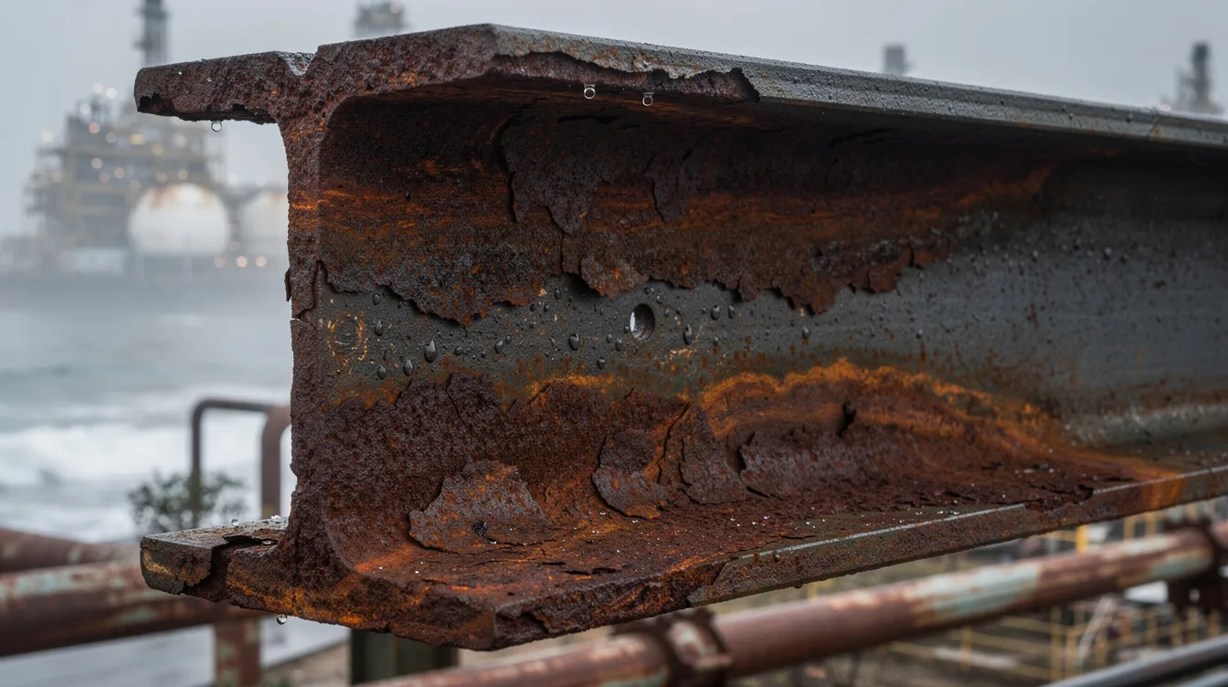 The image depicts a corroded steel beam exhibiting significant rust layers and pitting damage, indicative of localized corrosion in a humid coastal industrial setting. This deterioration highlights the challenges of maintaining structural integrity in harsh marine environments, where exposure to corrosive elements can lead to serious structural failures.