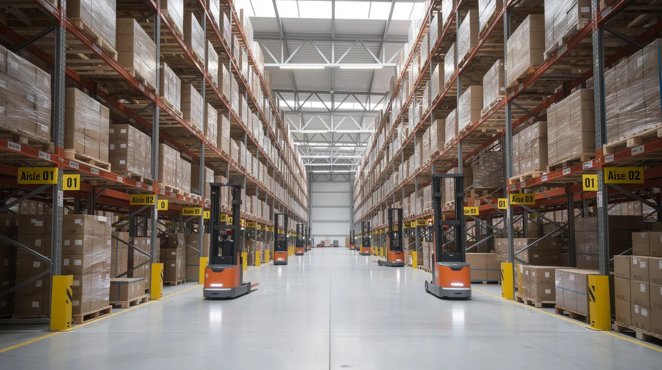The image shows a wide-angle view of a high-bay automated warehouse featuring narrow aisles and towering racking systems that extend toward the ceiling. The smooth concrete floors are designed for optimal floor flatness and levelness, allowing autonomous mobile robots and automated guided vehicles to operate efficiently within the facility.