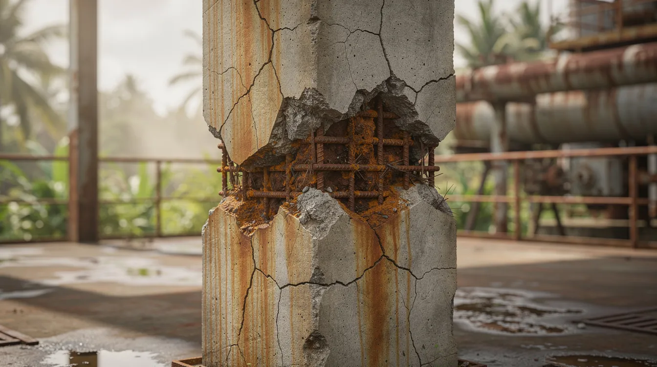 The image depicts a concrete column exhibiting signs of reinforcement corrosion and spalling, indicative of structural issues that could deter potential tenants in an industrial property. This condition emphasizes the importance of conducting a detailed analysis of structural integrity before making commercial property purchases to avoid costly mistakes.