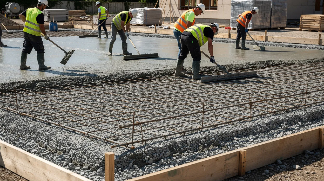 A group of workers is laying a concrete slab on a compacted gravel base, with visible reinforcement mesh to support the structure. The scene captures the process of creating a flat surface for future construction, showcasing the labor involved in preparing the foundation for buildings or patios.