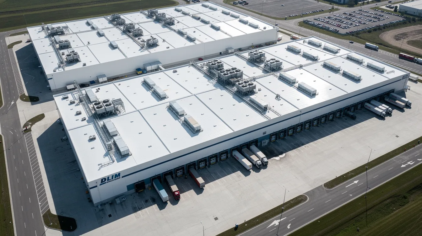 An aerial view of a large cold storage warehouse complex showcases insulated roofing panels, loading docks, and refrigeration plant equipment, emphasizing the facility's design for maintaining uniform temperatures and energy efficiency in cold storage operations. The layout reflects a well-planned cold chain infrastructure, essential for optimal temperature control and operational efficiency.
