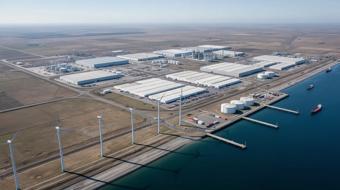 An aerial view of an industrial district near the coastline showcases flat terrain with open exposure to wind, highlighting the importance of structural design to withstand environmental loads such as wind and seismic forces. The image emphasizes the need for robust construction methods to ensure structural integrity and safety in this coastal setting.