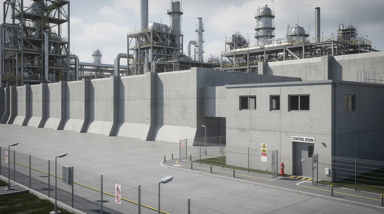 The image depicts an industrial safety buffer zone featuring robust blast resistant walls that effectively separate chemical processing units from a reinforced control room building, designed to withstand potential explosion hazards. This setup highlights the importance of blast resistant design in petrochemical facilities, ensuring occupational safety and minimizing structural damage during accidental explosions.