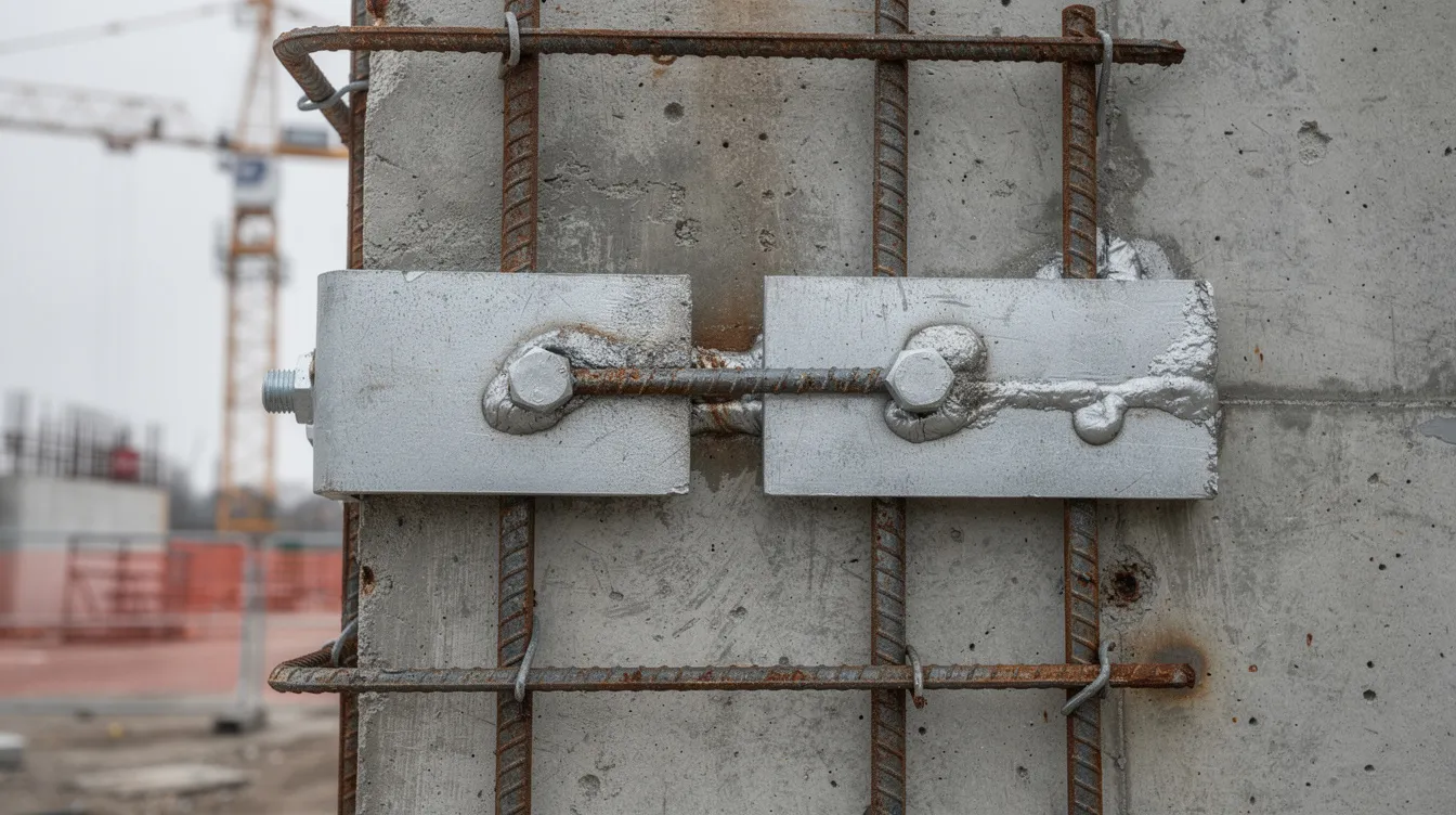 The image shows a close-up view of a heavily reinforced concrete wall at an industrial construction site, featuring visible rebar detailing and steel connection plates, indicative of blast resistant building design for petrochemical facilities. This structural element is crucial for ensuring safety against explosion hazards and dynamic loads in high-risk sectors.