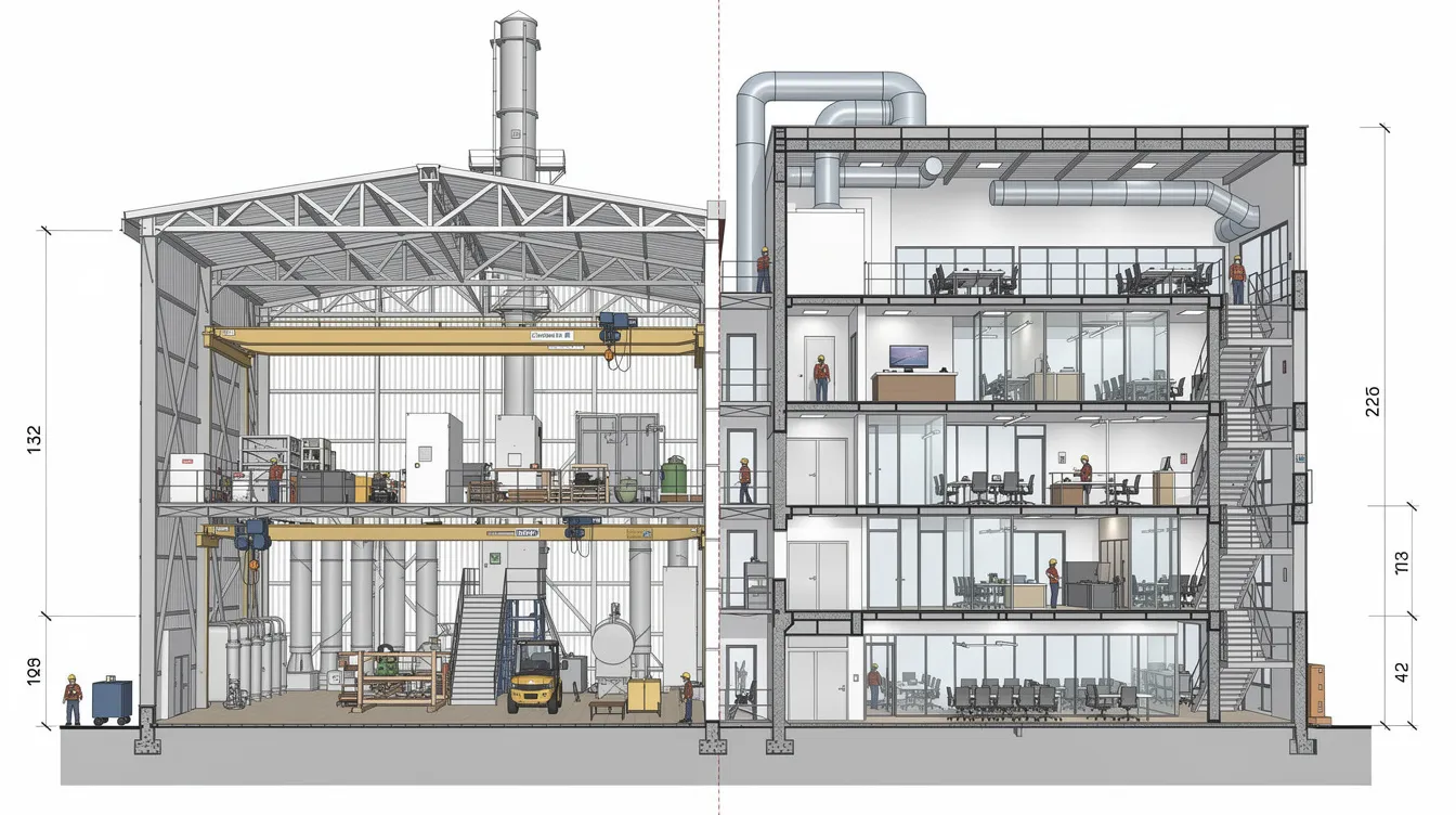 The image depicts a cross-section comparison between a tall industrial warehouse featuring overhead cranes and process stacks, and a compact commercial office building, illustrating the different structural designs necessary to accommodate varying structural loads, including seismic forces and wind loads. This visual highlights the importance of structural integrity and safety in the design of tall structures, as well as the distinct construction methods and materials used for each building type.