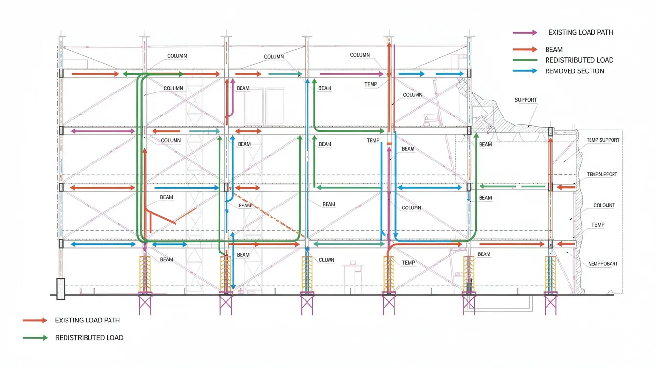 The technical diagram illustrates the load redistribution paths in a multi-story industrial structure during phased demolition, featuring arrows that indicate how forces transfer through columns, beams, and temporary supports. This careful planning is essential for ensuring safety and compliance during the industrial facility decommissioning process.