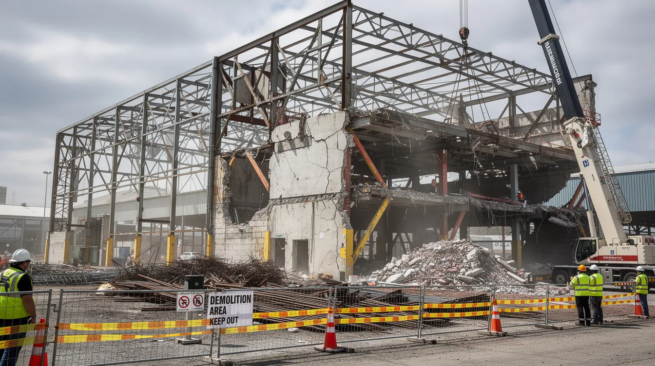 An industrial facility is in the early stages of demolition, featuring shoring braces and temporary steel supports to ensure safety during the structural takedown. A crane is strategically positioned, and safety exclusion zones are marked to manage risks associated with the decommissioning process.