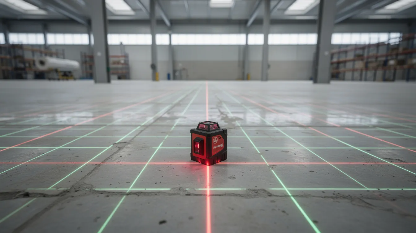 The image depicts a laser level device in action, measuring the surface of a large industrial concrete warehouse floor marked with a visible grid for precise measurements. This assessment is crucial for ensuring floor flatness and levelness, which are essential for the efficient operation of autonomous mobile robots and automated guided vehicles in the facility.