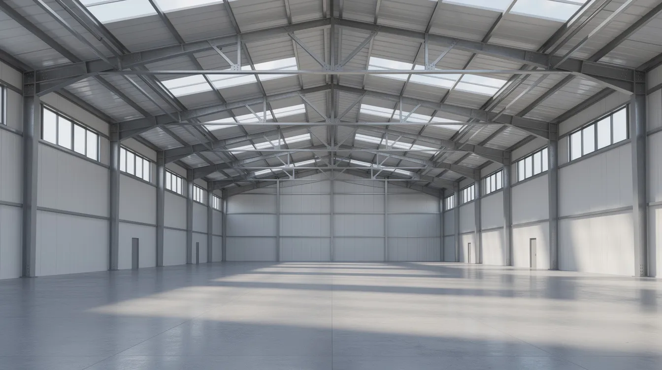 The image depicts the interior of an industrial warehouse featuring a spacious, column-free area beneath a large steel truss roof structure, illuminated by natural daylight. This design is essential for facilitating efficient operations in land reclamation projects, showcasing the importance of geotechnical engineering in creating functional industrial spaces.