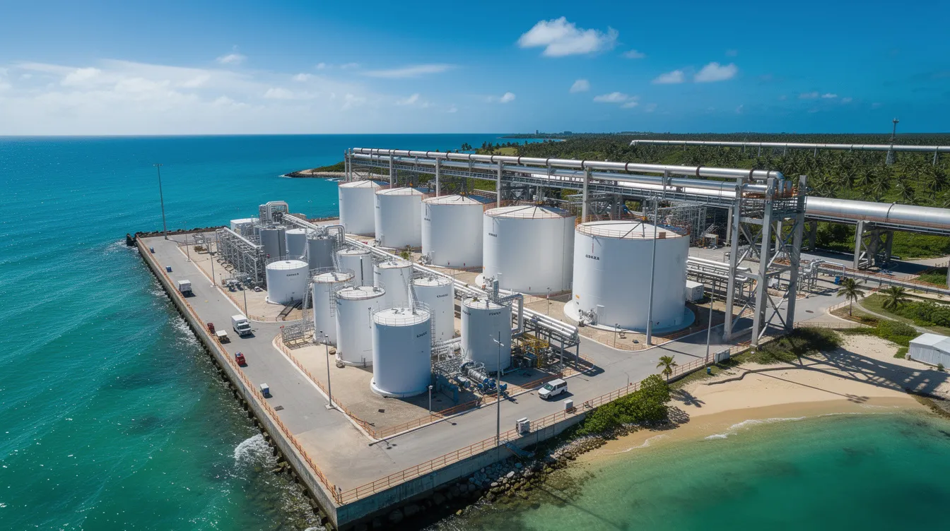 The image depicts an industrial waterfront facility featuring large storage tanks and pipe supports set against a tropical coastline, highlighting the importance of structural integrity and corrosion protection in marine environments. The presence of metal surfaces in this harsh marine environment emphasizes the need for effective protective coatings to ensure the longevity of marine infrastructure against corrosive elements.