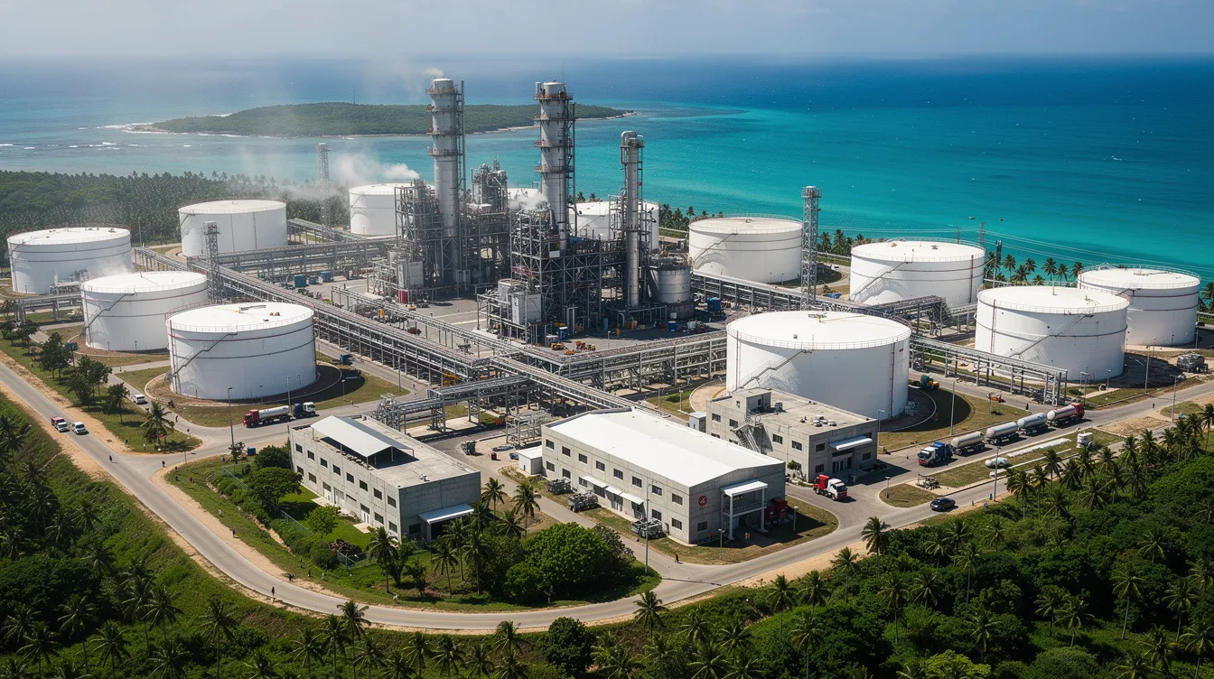 An aerial view of a dense petrochemical industrial zone on a tropical island showcases various blast-resistant structures, including storage tanks, process towers, and control buildings designed to withstand explosion hazards. The image highlights the intricate layout of these industrial facilities, emphasizing the importance of blast-resistant design for safety in high-risk sectors.