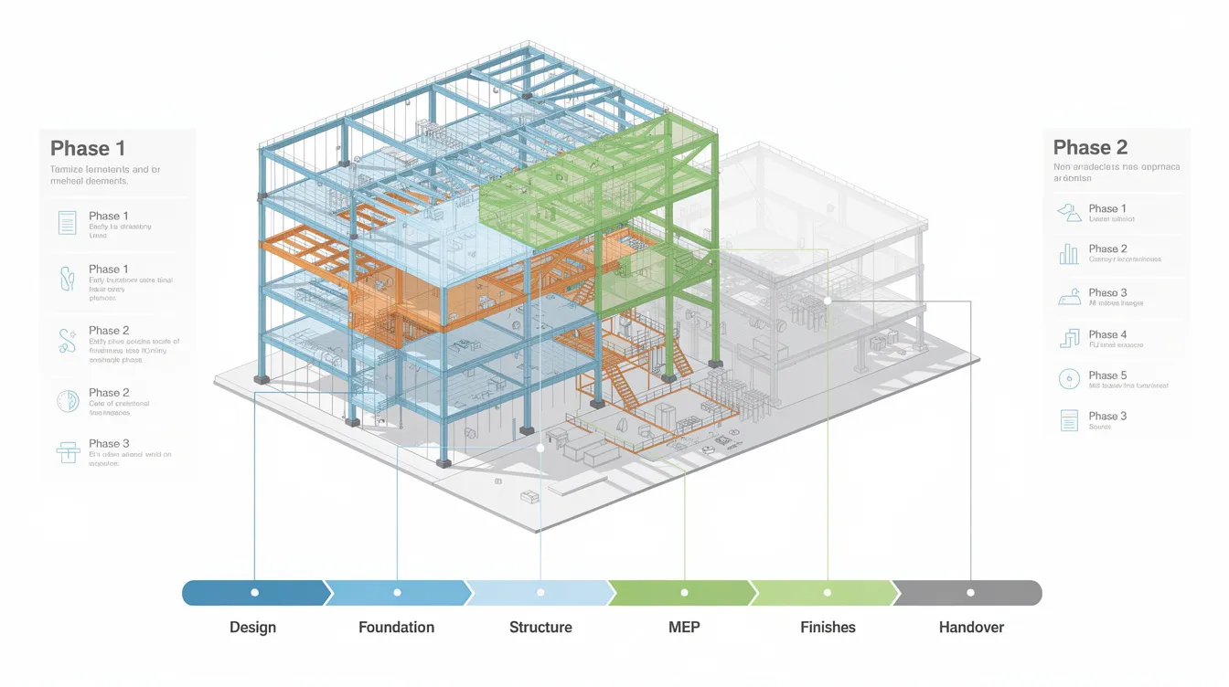 The image depicts a digital construction model showcasing color-coded building phases, accompanied by a timeline overlay, illustrating the building process within a construction project. This visualization, created using BIM software, enhances collaboration among the project team by providing a clear representation of the building lifecycle and relevant information for effective project management.