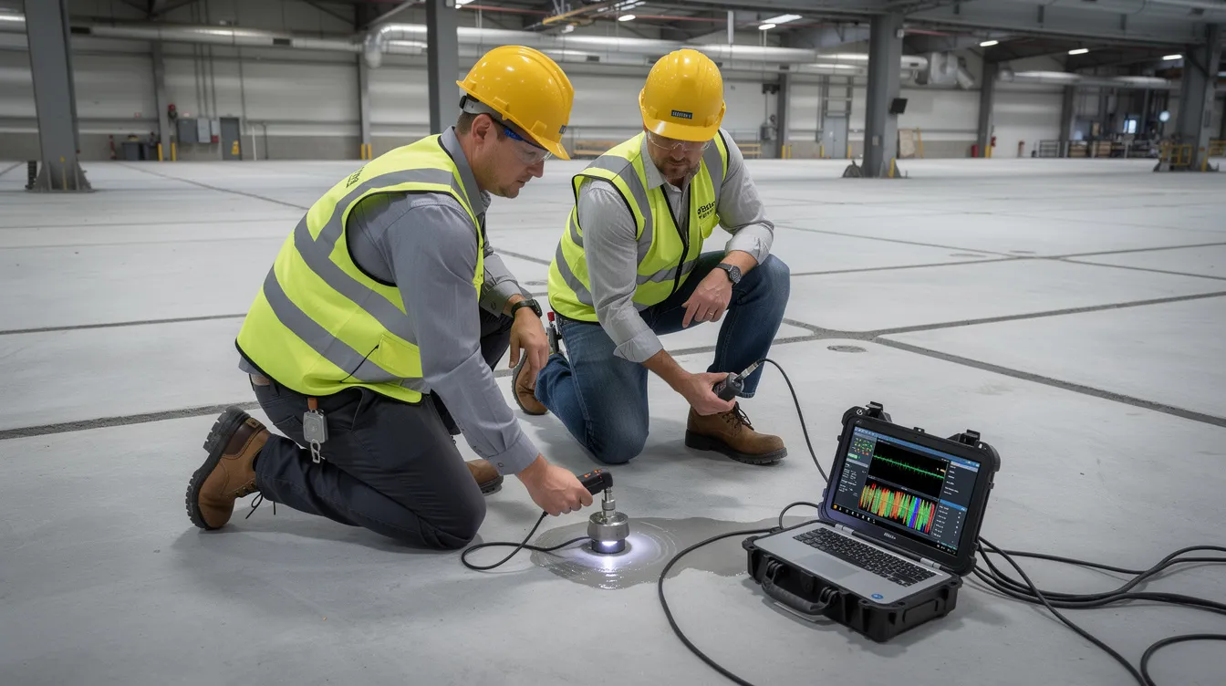 Engineers are performing non-destructive testing on a concrete slab of an industrial property using ultrasonic equipment, assessing its structural integrity. This essential step is crucial for potential investors considering purchasing commercial property or leasing commercial space, ensuring informed decisions about future maintenance costs and risks.