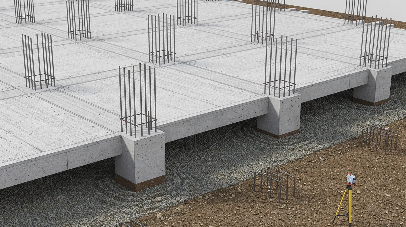 The image depicts a close-up view of an industrial building foundation, showcasing the pile caps and the ground-level concrete slab, essential components for ensuring structural integrity in commercial property investments. This detailed analysis is crucial for potential investors considering the purchase or leasing of industrial properties, as it reflects the foundation's capacity to support future growth and operational needs.