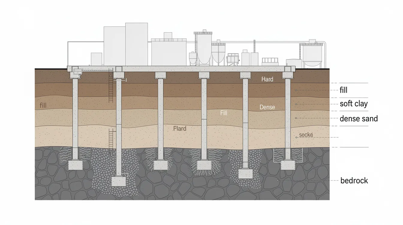 The image is a cross-section diagram illustrating pile foundations that penetrate through layers of soft clay into firm bedrock beneath an industrial facility, highlighting the role of geotechnical engineering in land reclamation projects in Singapore. This visual representation emphasizes the importance of soil properties and ground improvement techniques in ensuring the stability and strength of foundations in such developments.