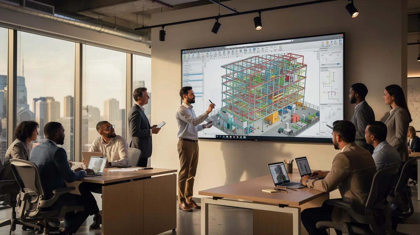 A team of construction professionals is gathered in a modern office, reviewing a building information model (BIM) displayed on a large screen. They are collaborating on the digital representation of a construction project, utilizing BIM software to enhance the building process and improve project management efficiency.