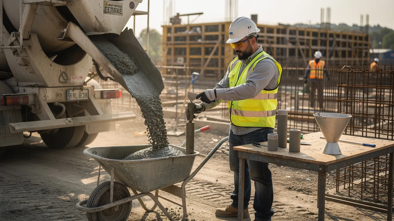 The image shows fresh concrete being sampled from a delivery truck at a construction site, where site supervisors and resident engineers ensure compliance with building codes and quality control measures for concrete foundations. This sampling is a critical stage in foundation inspection to assess the integrity and durability of the concrete structures being built.