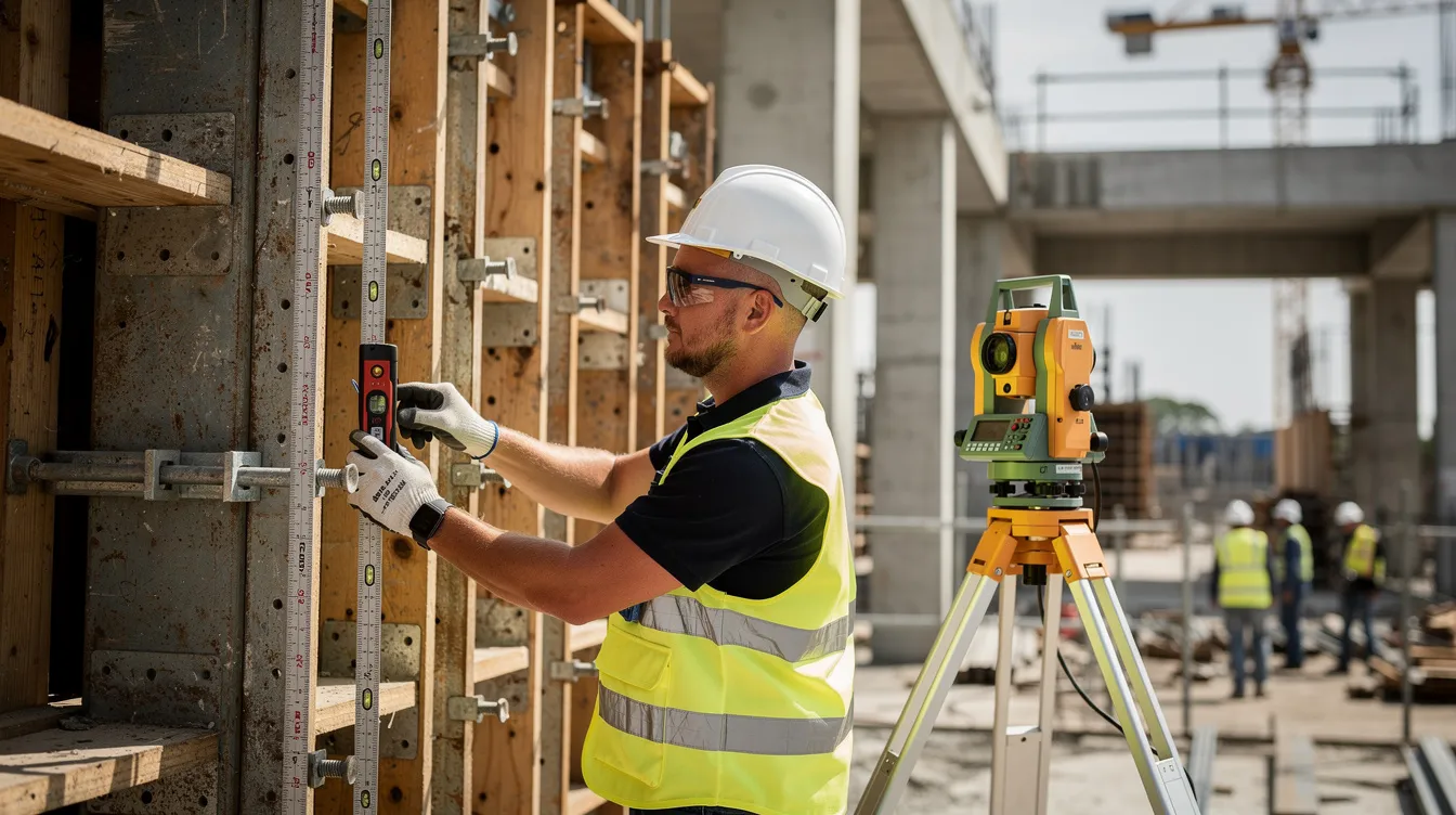 The image depicts a quality control inspection at a construction site, where a site supervisor uses measuring instruments to assess the alignment of concrete formwork. This process is crucial for ensuring compliance with international standards and preventing costly rework in construction projects.